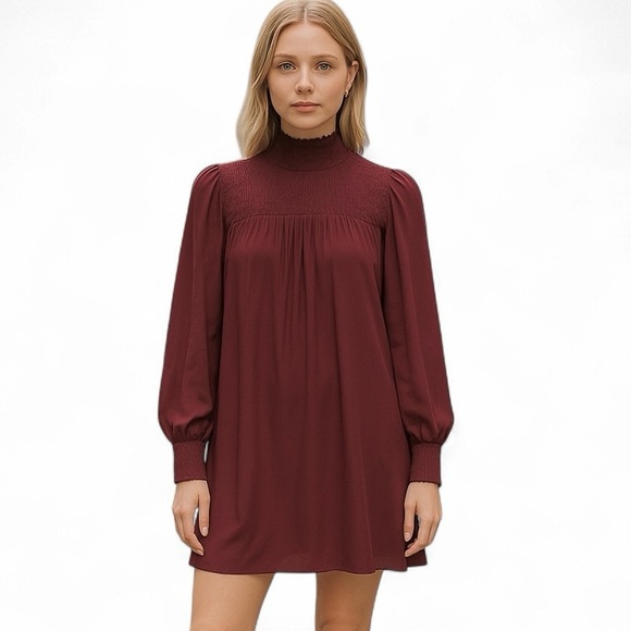 Reformation Dresses & Skirts - Reformation Dress‎ Long Sleeve Mock Neck Pleated Shift Burgundy XS